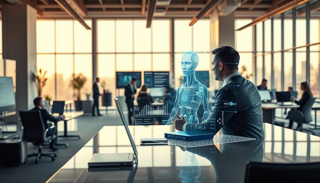 A vast, expansive office space filled with a seamless blend of human financial advisors and AI-powered robo-advisors, working in harmony to provide tailored investment guidance. In the foreground, a human advisor sits at a sleek, minimalist desk, collaborating with a holographic projection of a robo-advisor, their insights and recommendations merging effortlessly. The middle ground showcases a team of financial analysts poring over data visualizations, leveraging the combined intelligence of their human and AI counterparts. The background features floor-to-ceiling windows, letting in warm, natural light that creates a sense of openness and modernity, reflecting the forward-thinking and innovative nature of this hybrid advisory model.