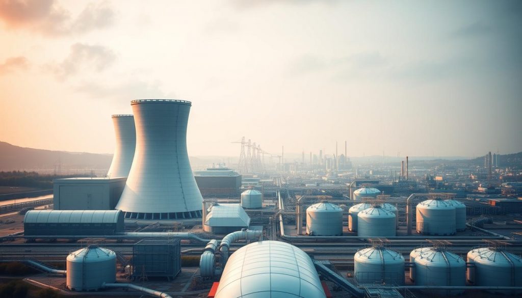 A vast, futuristic nuclear power plant stands in the foreground, its sleek towers and reactors casting a warm, blue-tinged glow. In the middle ground, hydrogen tanks and pipelines illustrate the plant's ability to produce clean, renewable hydrogen fuel. The background features a sprawling industrial cityscape, hinting at the widespread adoption of nuclear-powered hydrogen to decarbonize hard-to-abate sectors. The scene is illuminated by a soft, diffused light, creating a sense of technological progress and environmental harmony. The composition emphasizes the integration of nuclear energy and hydrogen production, showcasing their potential to reshape the global energy landscape.