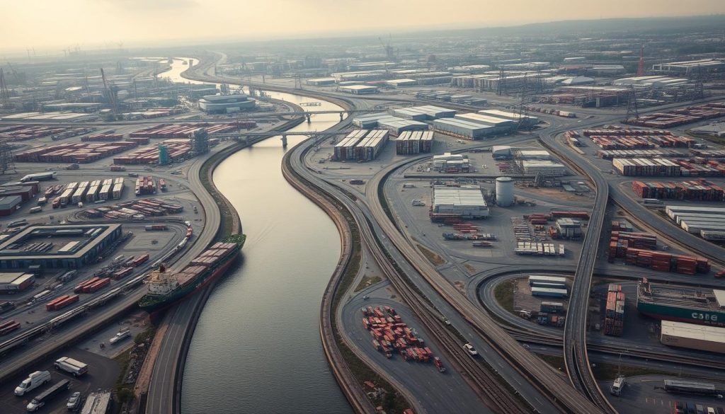 A vast industrial landscape unfolds, criss-crossed by a intricate web of roads, railways, and waterways. In the foreground, a cargo ship laden with containers sails along a winding river, while trucks and trains move goods across the middle ground. In the background, a sprawling network of warehouses, factories, and distribution centers hum with activity, their roofs casting long shadows under the soft, diffused light of an overcast sky. The scene conveys the complexity and interconnectedness of modern supply chains, where the disruption of a single link can ripple outward, impacting industries and economies worldwide.