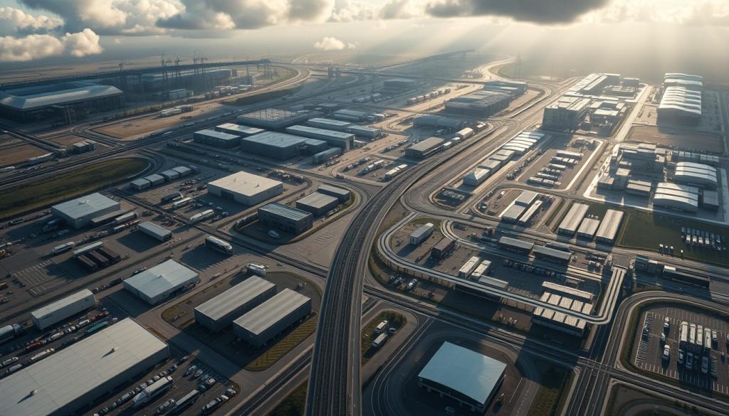 A vast, intricate supply chain for Jaguar Land Rover, captured in a cinematic, top-down aerial perspective. The sprawling network of factories, warehouses, and logistics hubs unfolds below, connected by a web of roads and railways. Sunlight filters through clouds, casting dramatic shadows on the meticulously organized facilities. Sleek, modern vehicles move through the carefully choreographed system, reflecting the brand's commitment to efficiency and precision. The scene conveys the scale, complexity, and technological sophistication that powers JLR's global operations, hinting at the challenges and opportunities that lie ahead.