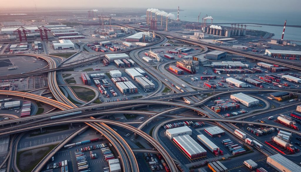A vast, intricate web of interconnected pathways, conveying goods and materials across a global landscape. In the foreground, a network of highways, railways, and shipping lanes converge, bustling with activity as trucks, trains, and cargo ships navigate the arteries of commerce. The middle ground reveals sprawling warehouses and distribution centers, their facades adorned with corporate logos, hinting at the diverse industries they serve. In the distance, a skyline of towering factories and assembly plants, their chimneys exhaling plumes of smoke, symbolizing the beating heart of manufacturing. Warm, golden lighting casts a sense of vitality and dynamism, while subtle hues of gray and blue lend an air of resilience and efficiency to the scene. This is the UK automotive supply chain, a delicate balance of logistics, production, and collaboration, powering the engines of industry.