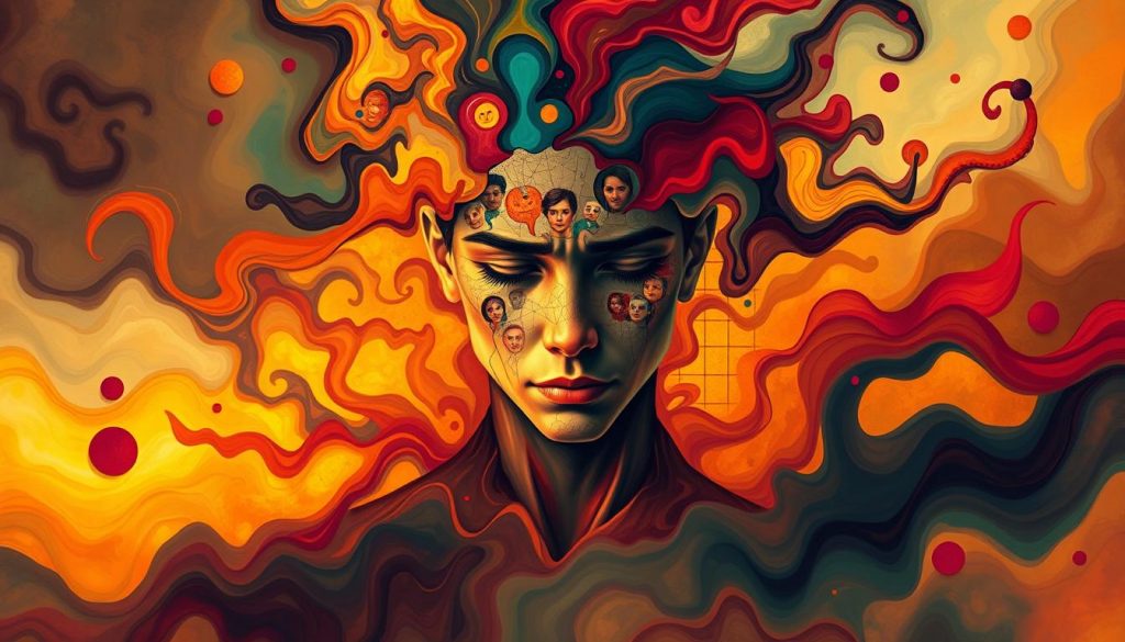 A vibrant, abstract representation of mental health, with a kaleidoscope of emotive colors and fluid forms. In the foreground, a central figure emerges, their face a mosaic of emotions, eyes downcast and brow furrowed, reflecting the complexity of the human psyche. Surrounding this focal point, a swirling, dreamlike landscape of shapes and textures, suggesting the intricate inner workings of the mind. Warm, diffused lighting casts a soft, contemplative glow, creating an atmosphere of introspection and vulnerability. The overall composition conveys a sense of depth, movement, and the fragile, yet resilient nature of mental well-being.