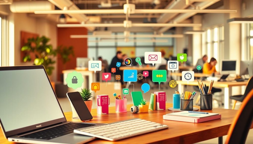 A vibrant, dynamic scene depicting the concept of "productivity hacks". In the foreground, an organized desktop workspace with sleek, minimalist devices and accessories - a laptop, a smartphone, a sleek mechanical keyboard, and a stylish desk organizer. The middle ground showcases an array of colorful, innovative productivity tools and apps, each representing a unique "hack" for boosting efficiency. The background features a modern, well-lit open office environment, with people collaboratively working at various workstations. Warm, natural lighting casts a productive, energetic atmosphere, complemented by clean, geometric architectural elements. The overall composition conveys a sense of focused, streamlined productivity.