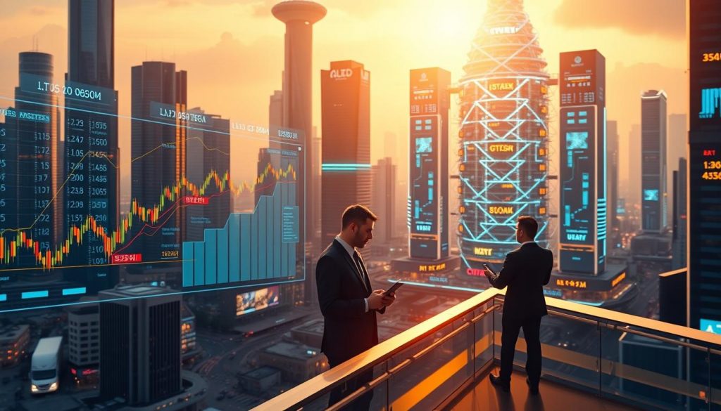 A vibrant, futuristic cityscape with towering skyscrapers and bustling streets. In the foreground, a digital stock market display showing charts, graphs, and financial data projected holographically. The middle ground features a group of executives in sharp suits, deep in discussion, their faces illuminated by the glow of their tablets and laptops. In the background, a towering AI-powered control center, its intricate systems and algorithms visualized in a dazzling array of lights and screens. The scene is bathed in a warm, golden light, creating a sense of optimism and technological progress. The overall atmosphere conveys a sense of innovation, market potential, and the integration of advanced AI into the financial landscape.