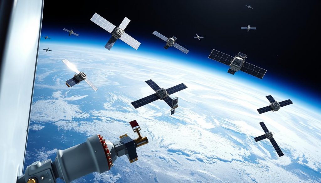 A vibrant, high-resolution image of multiple civil communications satellites orbiting Earth, their solar panels gleaming in the sunlight. The satellites are diverse in size and design, representing advanced technology for global internet, weather monitoring, and scientific missions. In the foreground, a satellite dish antenna points skyward, while in the middle ground, sleek, angular satellites drift peacefully through the void, their thrusters firing intermittently. The background depicts the curvature of the Earth, with wispy clouds and the deep blue of the atmosphere. The lighting is crisp and clear, creating a sense of precision and technical prowess. The overall composition conveys the idea of humanity's reach and capability in space-based communications.