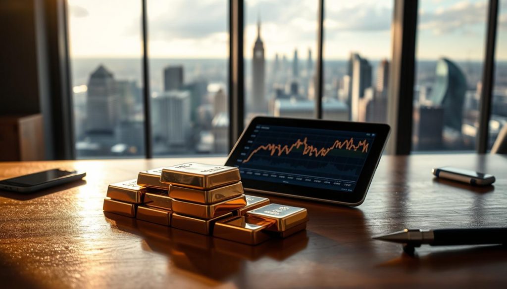 A well-lit, cinematic scene depicting a UK investor's personal finance portfolio. In the foreground, a stack of gold and silver bars sits on a polished wooden desk, casting warm, metallic reflections. In the middle ground, a tablet displays a graph of precious metal prices, with fluctuating lines hinting at market volatility. The background features a large, panoramic window overlooking a bustling city skyline, suggesting the global economic context. The overall mood is one of thoughtful consideration, as the investor contemplates the role of precious metals in their diversified portfolio. Soft, natural lighting illuminates the scene, creating a sense of clarity and focus.