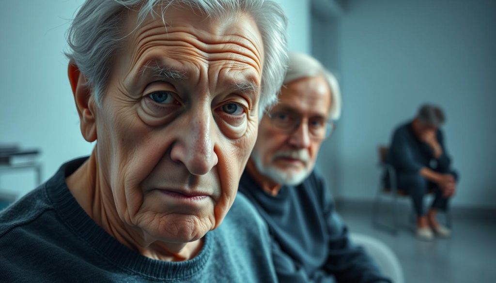 A well-lit, clinical scene depicting the progression of dementia. In the foreground, an elderly person's face shows the subtle yet unmistakable changes of early-stage dementia - a slight confusion, a vacant stare. In the middle ground, the same person is shown in a later stage, their expression more distant, their movements more hesitant. In the background, an advanced dementia patient sits hunched, lost in their own world. The lighting is soft, almost somber, highlighting the vulnerability and humanity of each stage. The overall composition conveys the gradual, inevitable decline, yet also the need for empathy and support throughout the journey.