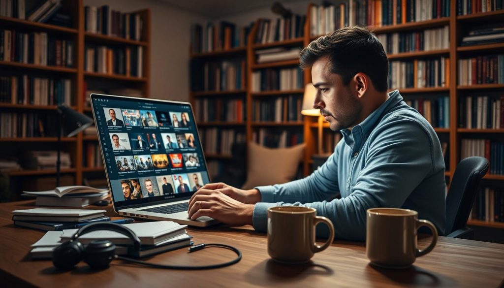 A well-lit home office with a cozy, inviting atmosphere. In the foreground, a person sits at a desk, intently scrolling through a laptop screen, exploring a collection of podcast episode thumbnails. The middle ground features neatly organized notebooks, a sleek pair of high-quality headphones, and a steaming mug of coffee, conveying a sense of focus and productivity. The background showcases floor-to-ceiling bookshelves, filled with an eclectic mix of literature, hinting at the individual's diverse interests. Warm, diffused lighting creates a comfortable, contemplative mood, as the person carefully curates their podcast listening experience to align with their professional goals.