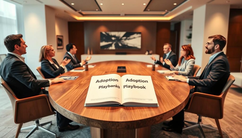 An elegant, modern office space with a large wooden conference table at the center. On the table, an open book with the title "Adoption Playbook for Banks" displayed prominently. Around the table, several business people in formal attire are engaged in a lively discussion, gesturing with their hands. Soft, warm lighting illuminates the scene, creating a professional yet welcoming atmosphere. The walls are adorned with minimalist artwork and sleek, contemporary furnishings, conveying a sense of innovation and forward-thinking. The overall composition suggests a collaborative environment focused on strategizing and implementing transformative changes within the banking industry.