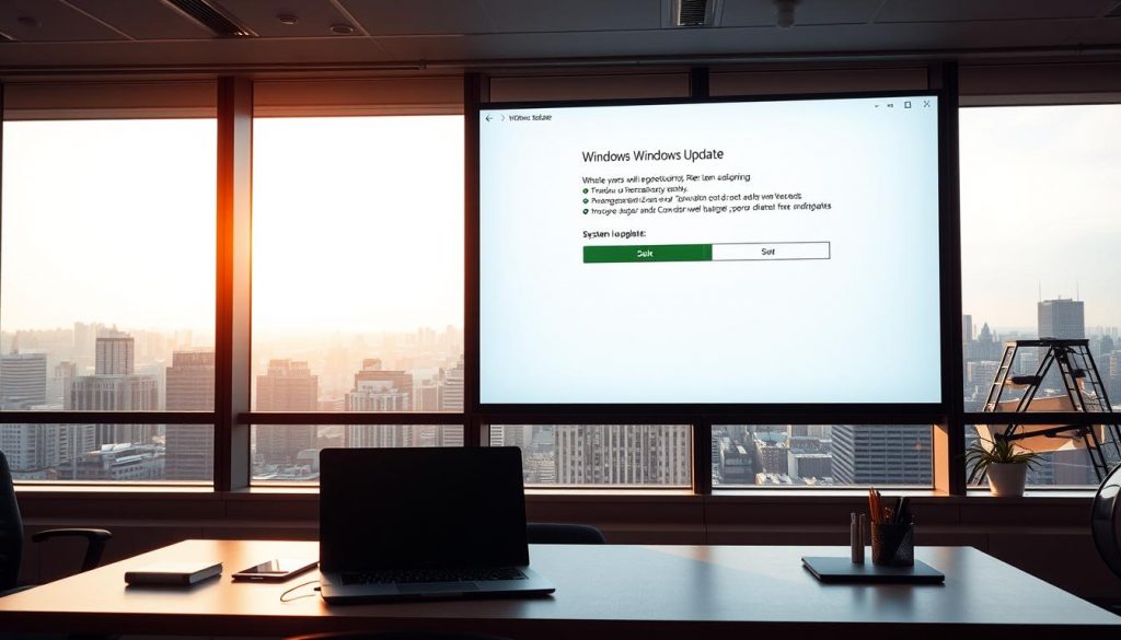 An interior office scene with a large window overlooking a bustling cityscape. The window is displaying the Windows Update interface, with a loading bar and various system information. The office is well-lit, with warm, natural lighting filtering in through the window. The desk in the foreground is minimalist, with a laptop and a few office supplies. The mood is one of anticipation and focus, as the user waits patiently for the update to complete. The angle is slightly tilted, adding a sense of dynamism to the composition.