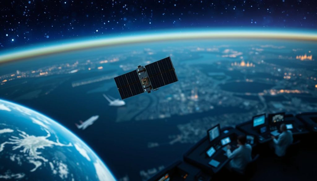 Crisp, high-resolution image of the latest UK space news against a backdrop of the night sky. In the foreground, a satellite gracefully orbits the Earth, its solar panels glinting in the starlight. In the middle ground, a futuristic control center with sleek monitors and technicians in white coats, analyzing data streams. In the background, a panoramic view of the British Isles, with major cities and landmarks visible. Soft, diffused lighting illuminates the scene, creating a sense of awe and wonder. Convey the UK's emerging role in the global space industry and its potential to learn from Israel's niche-driven strategy.