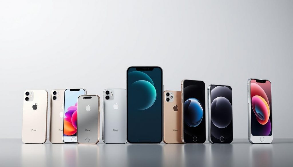 Detailed lineup of the latest iPhone models, photographed against a sleek, minimalist backdrop. Showcasing the diverse design variations, from the classic aluminum unibody to the premium stainless steel frame, each device exuding a sense of sophistication and technological prowess. Capture the devices from multiple angles, highlighting the refined proportions, edge-to-edge displays, and subtle color schemes. Employ soft, directional lighting to accentuate the smooth, tactile surfaces and create a sense of depth and dimensionality. Render the image with a crisp, high-resolution quality to convey the premium craftsmanship and attention to detail that defines the iPhone's iconic design.