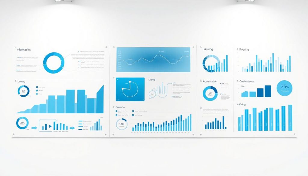 Elegant infographic display with vibrant data visualizations, set against a minimalist white background. Muted color palette of blues and grays, with subtle gradients and clean geometric shapes. Crisp, high-resolution rendering with a deep depth of field, showcasing meticulously detailed charts, graphs, and information panels. Soft, diffuse studio lighting from multiple angles creates a professional, editorial look. The overall composition is balanced and symmetrical, drawing the viewer's eye through the various data-driven elements. A modern, sophisticated aesthetic that conveys sophisticated content and insights.