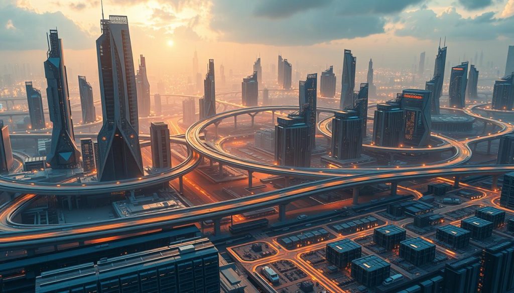 Imposing futuristic infrastructure sprawling across a vast, dynamic cityscape. Gleaming skyscrapers of steel and glass pierce the skyline, their reflective surfaces refracting the warm glow of omnipresent lighting. Winding elevated highways and monorail systems weave between the towering structures, carrying a ceaseless flow of autonomous vehicles. In the foreground, a sprawling data center campus houses the powerful AI supercomputers powering this technological metropolis. The scene is bathed in a cool, futuristic color palette, conveying a sense of cutting-edge innovation and technological supremacy.