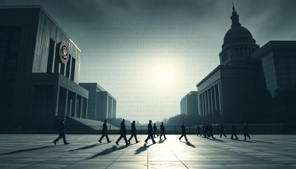 Imposing steel and glass government buildings, their facades emblazoned with seals of authority, casting long shadows across a somber landscape. Uniformed figures pace the perimeter, scanning the horizon with vigilant eyes. In the background, a grid of classified documents and encrypted data streams, hinting at the unseen machinations of national security. Dim lighting and muted tones convey a sense of gravity, the weight of protecting sensitive information and strategic interests. Angles shift dynamically, capturing the scale and complexity of this high-stakes domain, where the safety of a nation rests on the shoulders of those charged with its defense.