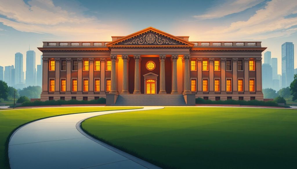 Legislation changes eight: a detailed architectural illustration depicting a modern government building with an imposing façade, illuminated by warm, directional lighting. The structure features a prominent central entrance flanked by columns and intricate detailing, conveying a sense of authority and permanence. The foreground showcases a well-manicured lawn and a winding pathway leading up to the building, while the background subtly suggests an urban landscape with towering skyscrapers in the distance. The overall composition and mood evoke a sense of civic duty, stability, and the incremental progress of legislative reform.