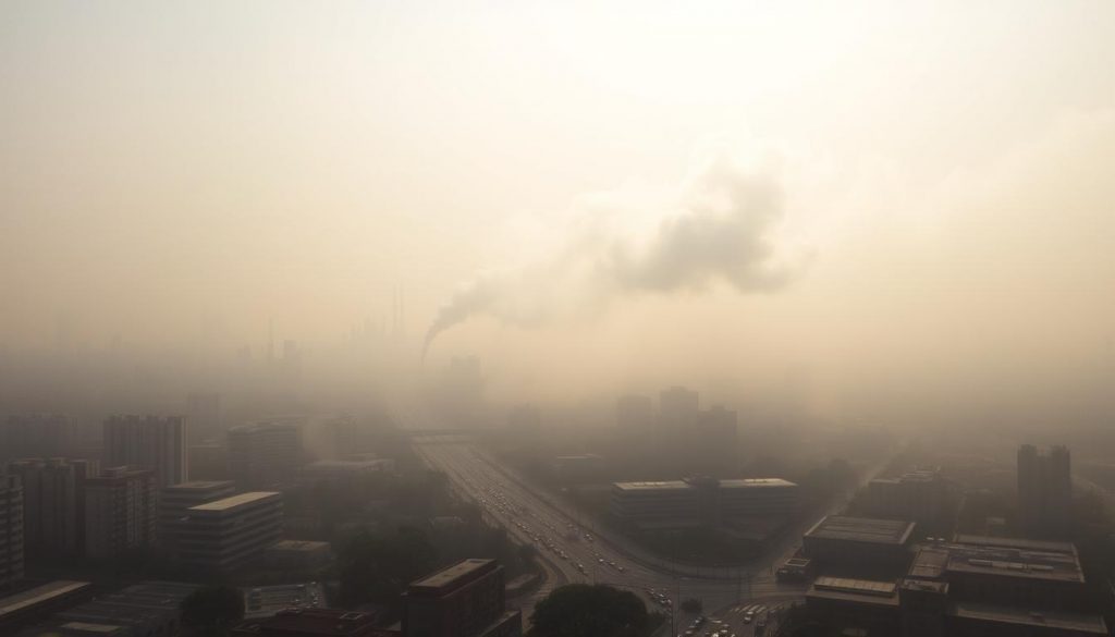 Sprawling urban landscape shrouded in a hazy veil of smog, sunlight struggling to pierce through the thick, gray atmosphere. In the foreground, a busy street bustling with traffic, vehicles belching thick plumes of exhaust that swirl and drift ominously. In the middle ground, towering high-rises and industrial chimneys, their silhouettes barely visible through the oppressive smog. The background fades into a muted, dismal horizon, a stark reminder of the persistent environmental challenges faced by the city. Dramatic lighting casts ominous shadows, conveying a sense of unease and the urgent need for action to address the pressing issue of air pollution.