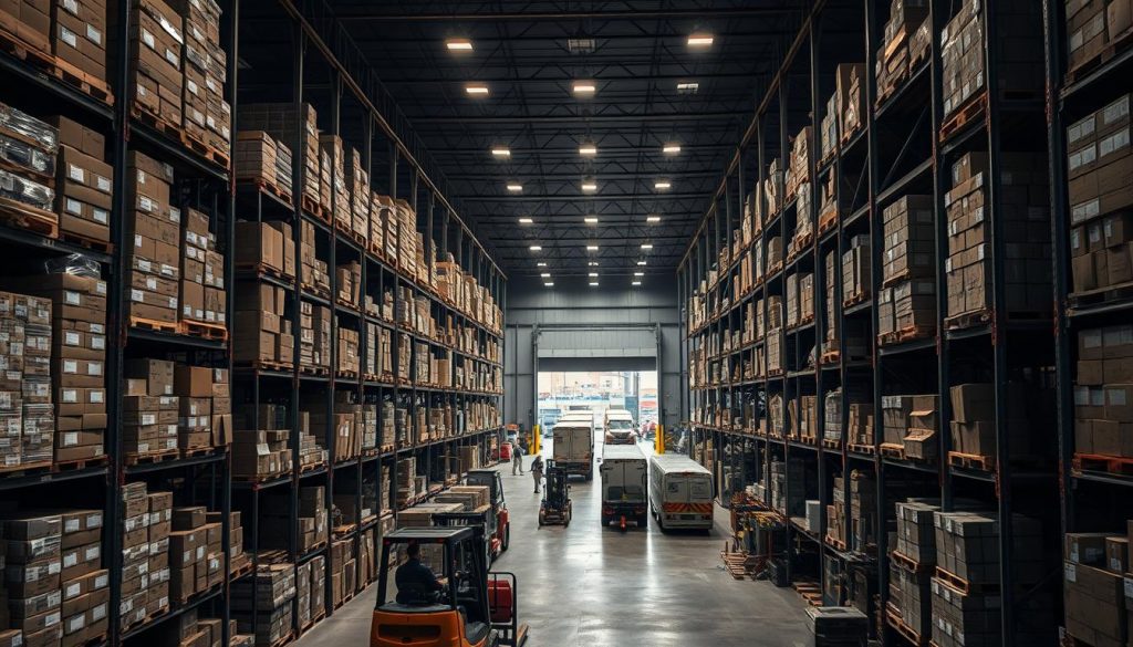 Sprawling warehouse interior, dimly lit with industrial lighting. Towering shelves in the foreground, stacked high with cardboard boxes, crates, and metal containers. Forklifts and machinery in the middle ground, operators moving supplies efficiently. In the background, a loading dock with trucks arriving, workers loading and unloading. Muted tones of steel, concrete, and worn wood convey a sense of necessity and utility. Shadows and highlights create depth and texture, highlighting the scale and complexity of a supply chain operation. A sense of quiet diligence and logistical challenge permeates the scene.
