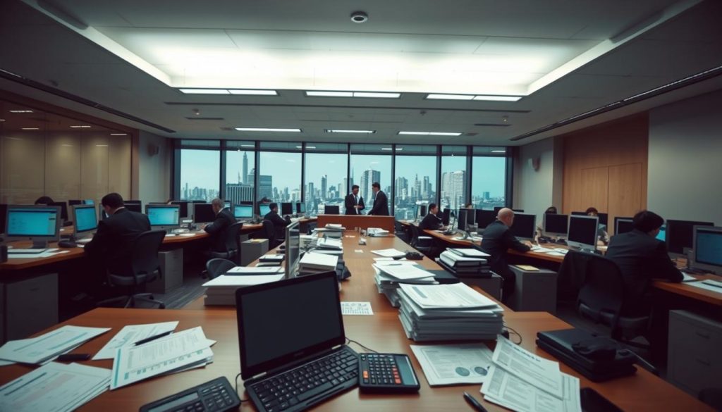 a detailed, wide-angle view of a modern government finance office, with rows of desks, computer screens, and financial documents scattered across the workspace. The lighting is cool and professional, with bright overhead fluorescent fixtures illuminating the scene. The foreground features a central desk with a laptop, calculator, and various spreadsheets and reports. In the middle ground, government officials in formal attire are engaged in discussions and data analysis. The background shows floor-to-ceiling windows overlooking a city skyline, suggesting the scale and importance of public finance decisions. The atmosphere is one of serious, data-driven decision-making, reflecting the gravity of the nation's fiscal situation.