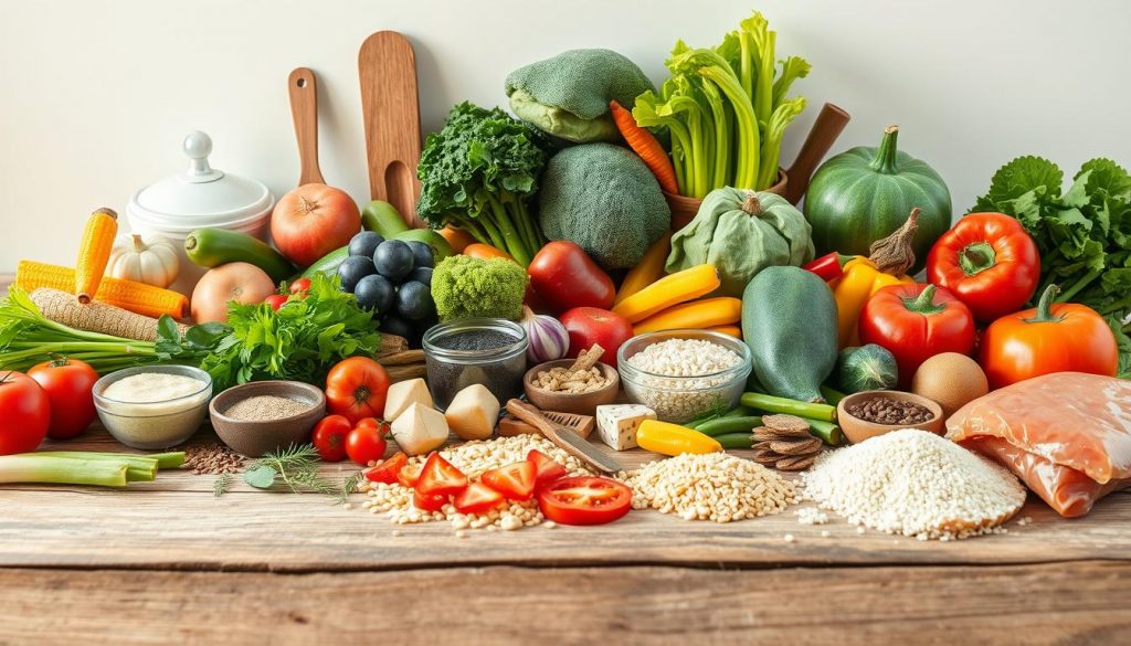A bountiful array of vibrant, whole food ingredients arranged artfully on a rustic wooden surface, bathed in soft, natural lighting. In the foreground, an assortment of fresh vegetables, fruits, grains, and lean proteins, thoughtfully organized to showcase healthier alternatives to common ultra-processed snacks and meals. The mid-ground features a selection of cooking utensils, spices, and herbs, conveying the idea of simple, homemade preparation. The background maintains a clean, minimalist backdrop, allowing the nourishing foods to take center stage and inspire a sense of culinary empowerment and wellness.