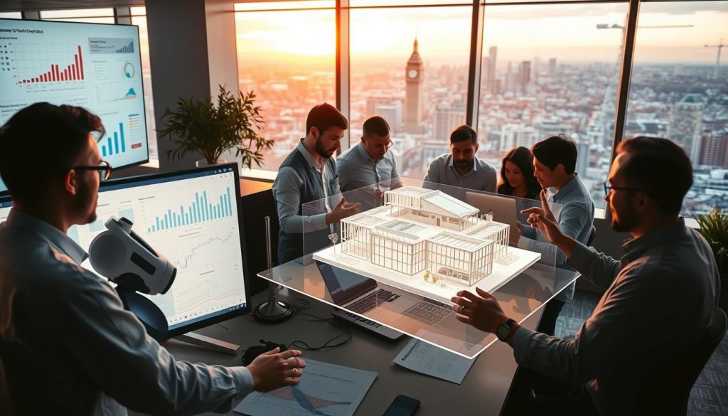 A bustling office scene, with a team of professionals engaged in data analysis and architectural planning. In the foreground, a data analyst reviews charts and graphs on a large monitor, while an AI-powered voice assistant provides real-time insights. In the middle ground, a team of AI engineers and developers collaborate on a holographic 3D model, manipulating it with gesture-based controls. In the background, a panoramic view of the city skyline, illuminated by the soft glow of sunset. The lighting is warm and inviting, creating a sense of productivity and innovation. The scene conveys the transformation from traditional data analysis to AI-driven architectural design, reflecting the theme of &amp;quot;Analyst to Architect: UK's AI-Driven Skills Shift in Practice&amp;quot;.