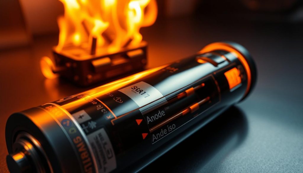 A close-up view of the internal components of a lithium-ion battery, showcasing its intricate structure and potential fire hazards. The foreground features a detailed cross-section revealing the anode, cathode, separator, and electrolyte, all meticulously rendered. The middle ground highlights the battery's thermal management system, with heat dissipation elements and safety mechanisms visible. In the background, a dramatic, fiery glow emanates, suggesting the consequences of improper battery use or failure. The lighting is dramatic, with a chiaroscuro effect that emphasizes the technical details and the underlying danger. The overall mood conveys a sense of caution and the need for understanding the inherent risks of lithium-ion battery technology.