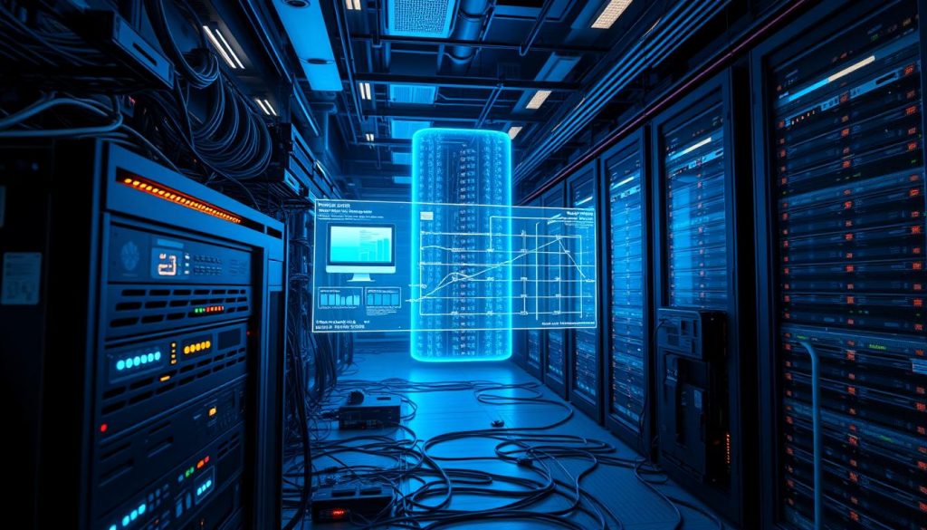 A complex digital landscape of interconnected systems, firewalls, and cybersecurity measures. In the foreground, a sleek server rack with blinking indicator lights, surrounded by a network of cables and wires. In the middle ground, a holographic display showcases real-time threat monitoring and anomaly detection. The background is dominated by a towering data center, its servers bathed in a soft blue glow, conveying a sense of technological might and digital fortitude. The scene is lit by a combination of warm task lighting and cool ambient illumination, creating a dramatic chiaroscuro effect. The overall mood is one of heightened vigilance and technological prowess, reflecting the importance of robust cyber defenses in the modern digital landscape.