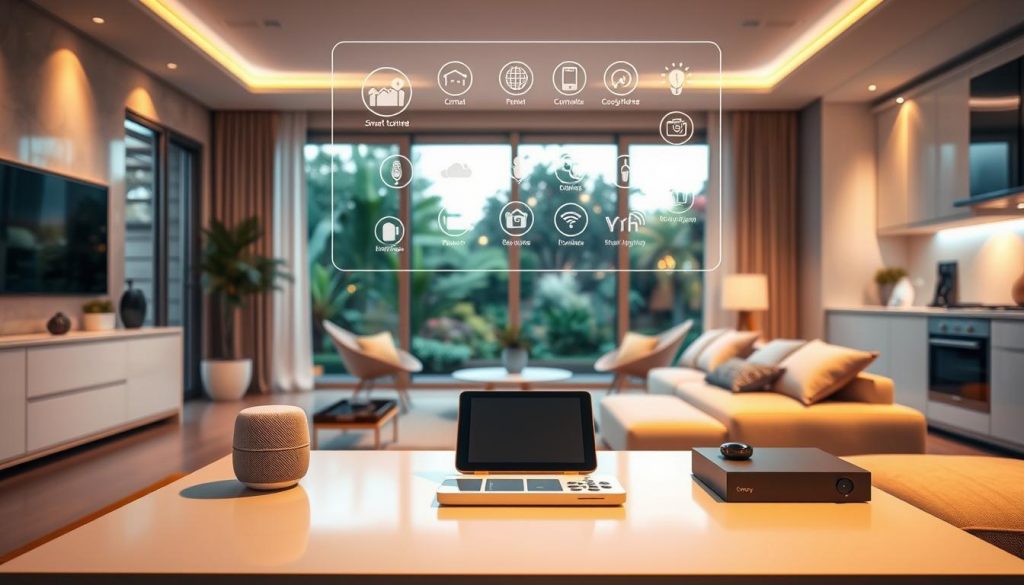 A cozy and futuristic smart home interior, bathed in warm ambient lighting. In the foreground, a sleek and minimalist coffee table with voice-controlled smart home devices - a virtual assistant, a tablet, and a couple of smart home controllers. Hovering above the table, a holographic display showcases various home automation features. In the middle ground, floor-to-ceiling windows offer a panoramic view of a lush, technology-infused garden. The background features seamless integration of smart appliances, climate control, and intelligent lighting systems. An atmosphere of comfort, efficiency, and technological sophistication permeates the scene.