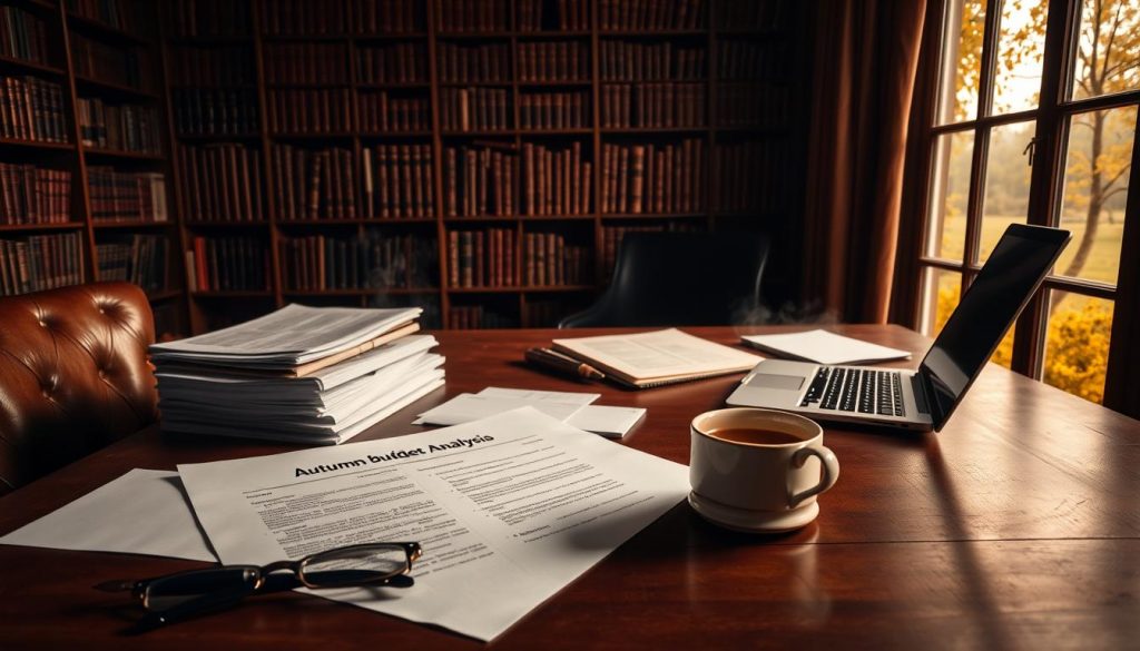 A cozy, dimly lit study with a large wooden desk. The desk is cluttered with stacks of papers, a laptop, and a mug of steaming tea. In the foreground, a pair of reading glasses and a pen rest on a legal document titled "Autumn Budget Analysis." The middle ground features a floor-to-ceiling bookshelf filled with leather-bound volumes, casting warm, soft lighting across the scene. Through a window in the background, a view of a gloomy autumn landscape emerges, with golden leaves swirling in the breeze. The overall atmosphere is one of deep contemplation and the weight of difficult financial decisions to be made. A cozy, dimly lit study with a large wooden desk. The desk is cluttered with stacks of papers, a laptop, and a mug of steaming tea. In the foreground, a pair of reading glasses and a pen rest on a legal document titled "Autumn Budget Analysis." The middle ground features a floor-to-ceiling bookshelf filled with leather-bound volumes, casting warm, soft lighting across the scene. Through a window in the background, a view of a gloomy autumn landscape emerges, with golden leaves swirling in the breeze. The overall atmosphere is one of deep contemplation and the weight of difficult financial decisions to be made.