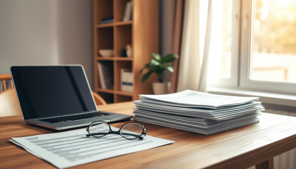 A cozy home office with a wooden desk, a laptop, a stack of financial documents, and a pair of reading glasses. Soft natural light filters through the window, casting a warm glow on the scene. In the background, a minimalist bookshelf and a potted plant add to the sense of organization and productivity. The overall mood is one of focused, thoughtful financial planning, with a touch of domestic comfort. A cozy home office with a wooden desk, a laptop, a stack of financial documents, and a pair of reading glasses. Soft natural light filters through the window, casting a warm glow on the scene. In the background, a minimalist bookshelf and a potted plant add to the sense of organization and productivity. The overall mood is one of focused, thoughtful financial planning, with a touch of domestic comfort.