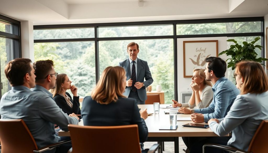 A cozy, well-lit conference room with large windows overlooking a lush, verdant landscape. In the foreground, a group of professionals engaged in a dynamic discussion, their expressions attentive and their body language conveying a sense of collaboration and mutual respect. In the middle ground, a smartly dressed facilitator stands at the head of the table, guiding the discussion with a warm, authoritative presence. The background features subtle, inspirational artwork and tasteful decor, creating an atmosphere of professionalism and growth. Soft, natural lighting illuminates the scene, casting a gentle glow and emphasizing the sense of intellectual engagement and managerial excellence.