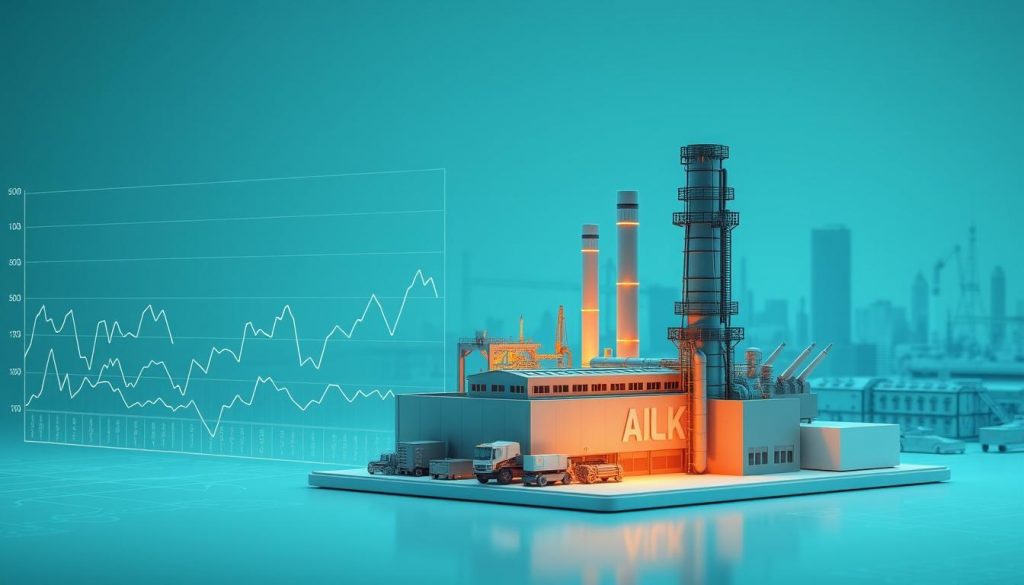 A detailed analysis of UK business costs and manufacturing inflation, captured in a sleek, data-driven illustration. In the foreground, a series of line graphs and charts showcase the fluctuating trends in production costs, energy prices, and supply chain disruptions. The middle ground features a 3D model of a factory, its machinery and assembly lines suggesting the tangible impact of these economic factors. The background depicts a cityscape, with skyscrapers and industrial facilities, hinting at the broader economic landscape. The lighting is crisp and clean, with a cool, muted color palette to convey the seriousness of the subject matter. The overall composition strikes a balance between the technical data and the real-world implications for UK businesses.