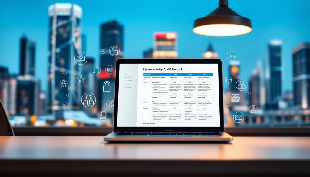 A detailed cybersecurity audit report on a laptop screen, surrounded by digital security elements. In the foreground, an ergonomic desk with a sleek, minimalist design, dimly lit by a warm overhead light. The background features a blurred cityscape with towering skyscrapers, symbolizing the interconnectedness of modern business and technology. The overall atmosphere is one of professionalism, focus, and a sense of security and control, conveying the importance of a comprehensive cyber essentials self-audit for small and medium-sized enterprises.