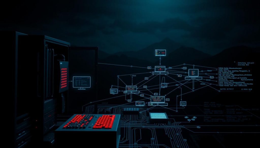 A detailed diagram of an infostealer malware operation, depicted with a technical, schematic aesthetic. In the foreground, a computer system's internal components are displayed, showcasing the malware's infection and data-stealing pathways. The middle ground features a network of interconnected devices, illustrating the malware's propagation and command-and-control infrastructure. In the background, a dark, ominous digital landscape sets the tone, with glowing data streams and cryptic code fragments hinting at the malicious nature of the operation. Lighting is stark and directional, casting dramatic shadows that emphasize the complexity and gravity of the threat. The overall mood is one of technical sophistication and sinister intent, reflecting the dangerous nature of infostealer malware. A detailed diagram of an infostealer malware operation, depicted with a technical, schematic aesthetic. In the foreground, a computer system's internal components are displayed, showcasing the malware's infection and data-stealing pathways. The middle ground features a network of interconnected devices, illustrating the malware's propagation and command-and-control infrastructure. In the background, a dark, ominous digital landscape sets the tone, with glowing data streams and cryptic code fragments hinting at the malicious nature of the operation. Lighting is stark and directional, casting dramatic shadows that emphasize the complexity and gravity of the threat. The overall mood is one of technical sophistication and sinister intent, reflecting the dangerous nature of infostealer malware.
