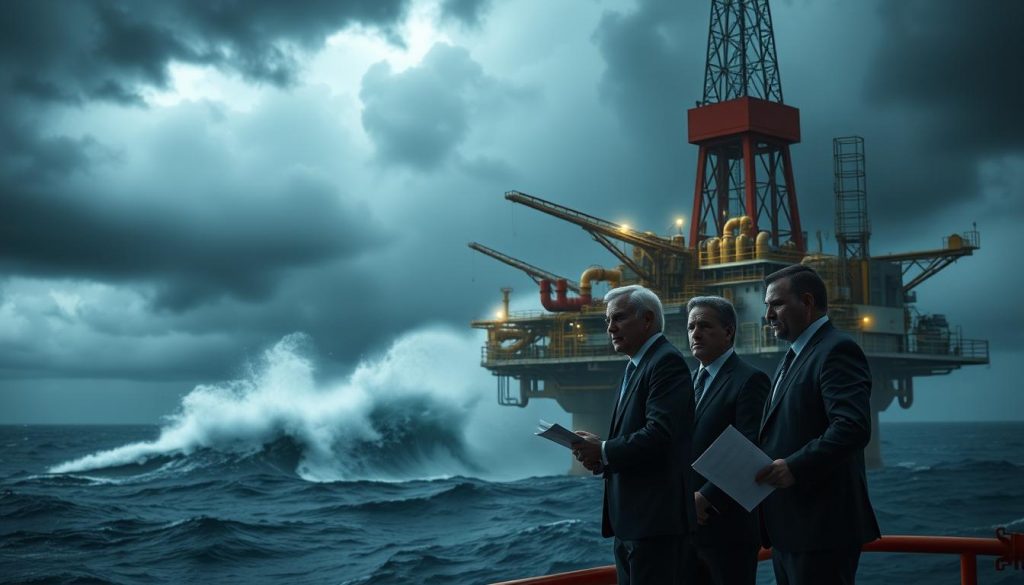 A dimly lit offshore oil platform, with looming storm clouds overhead. In the foreground, a group of suited executives standing in a tense meeting, papers in hand, expressions of concern etched on their faces. The middle ground reveals a maze of pipes, valves, and machinery, symbolizing the complex operations of the energy industry. In the background, ominous waves crash against the platform's steel legs, hinting at the unpredictable forces that can disrupt this high-stakes business. The scene conveys a sense of unease and financial turmoil, reflecting the challenges facing the energy services sector. A dimly lit offshore oil platform, with looming storm clouds overhead. In the foreground, a group of suited executives standing in a tense meeting, papers in hand, expressions of concern etched on their faces. The middle ground reveals a maze of pipes, valves, and machinery, symbolizing the complex operations of the energy industry. In the background, ominous waves crash against the platform's steel legs, hinting at the unpredictable forces that can disrupt this high-stakes business. The scene conveys a sense of unease and financial turmoil, reflecting the challenges facing the energy services sector.