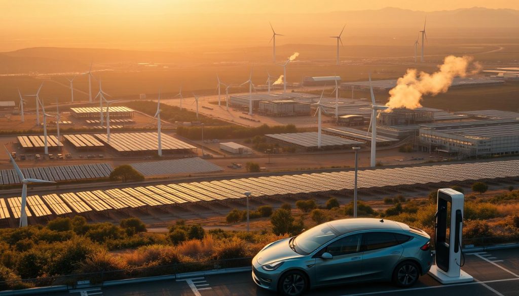 A dramatic, wide-angle view of a sprawling renewable energy landscape, where gleaming wind turbines and sprawling solar arrays have eclipsed the looming silhouettes of old coal power plants in the distance. The sky is bathed in a golden hour glow, casting long shadows and a sense of progress and transformation. In the foreground, sleek electric vehicles charge at a state-of-the-art charging station, symbolizing the broader shift towards clean, sustainable power. The scene conveys a palpable sense of momentum, as renewable energy has firmly cemented its position as the dominant force in the global power sector.