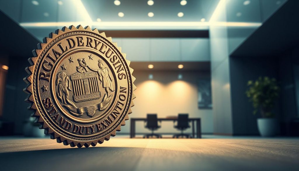 A dynamic regulatory reforms stamp duty exemption illustration, showcasing a meticulously designed stamp imprint against a backdrop of sleek architectural elements. The stamp features intricate engraved details, conveying a sense of official government endorsement. In the foreground, the stamp is prominently displayed, casting a soft, warm glow under dramatic, directional lighting. The middle ground depicts a modern, minimalist office setting, with clean lines and muted tones, creating a professional, business-centric atmosphere. The background subtly incorporates elements of financial data and charts, reinforcing the economic and policy-driven nature of the subject matter. The overall composition strikes a balance between bold, impactful visuals and a subtle, sophisticated aesthetic, perfectly suited to illustrate the &quot;Regulatory Reforms and Incentives on the Table&quot; section of the article.