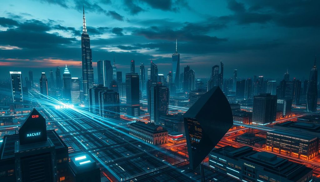 A futuristic cityscape at dusk, with towering skyscrapers and neon-lit holograms casting an eerie glow across the skyline. In the foreground, a complex web of data streams and digital security protocols converge, creating a pulsing, technological landscape. Beams of light emanate from sleek, angular buildings, hinting at advanced surveillance and enforcement systems. The atmosphere is charged with a sense of innovation and potential, yet tinged with an underlying tension, as the boundaries of digital privacy and data protection are being redefined. A birds-eye view captures the scale and interconnectedness of this future data protection enforcement hot zone.