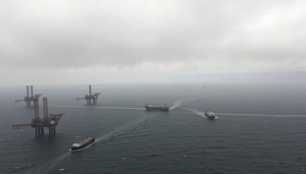 A gloomy, overcast sky looms over the choppy waters of the North Sea. In the foreground, a network of offshore oil and gas platforms stand tall, their intricate steel structures silhouetted against the horizon. Nearby, a fleet of supply vessels and tankers navigate the treacherous waves, transporting crucial resources to onshore facilities. The middle ground is dominated by a web of pipelines and cables, connecting the offshore assets to the mainland. In the distance, the hazy outline of coastal towns and industrial hubs suggests the broader energy infrastructure reliant on this precarious supply chain. The overall scene conveys a sense of vulnerability and uncertainty, hinting at the potential risks and disruptions that could ripple through the UK's energy sector.