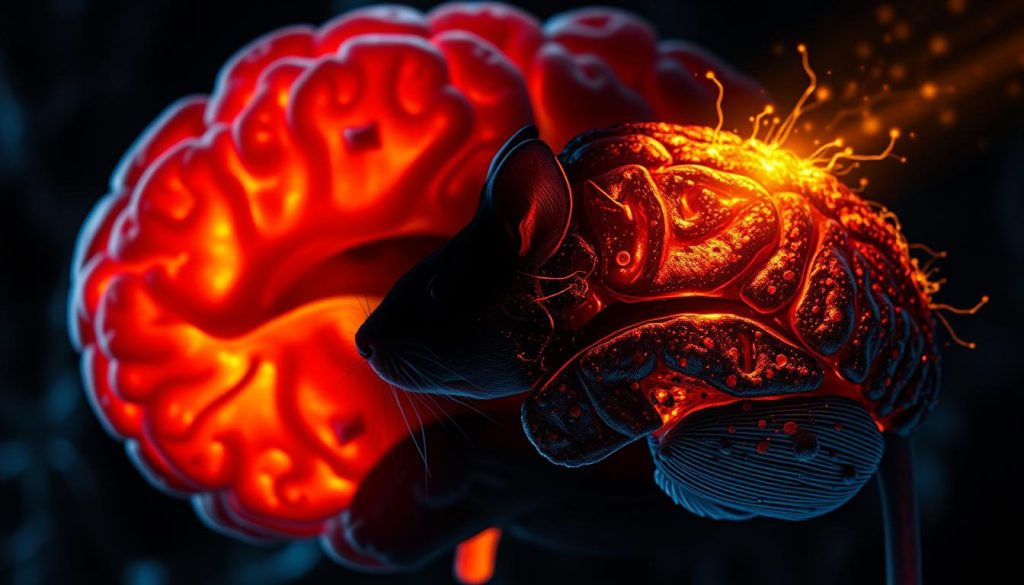 A high-contrast, cinematic image depicting the reversal of Alzheimer's pathology in a mouse brain. In the foreground, a detailed cross-section of a healthy, youthful mouse hippocampus, glowing with vibrant, healthy neurons. In the middle ground, a diseased mouse hippocampus, ravaged by amyloid-beta plaques and neurofibrillary tangles, appearing dark and deteriorated. In the background, a breakthrough treatment is applied, visualized as a warm, golden light suffusing the diseased tissue, restoring it to a healthy, vibrant state. Dramatic lighting casts dramatic shadows, emphasizing the transformation. Captured with a macro lens, the image has a sharp, clinical focus, highlighting the intricate neural structures.
