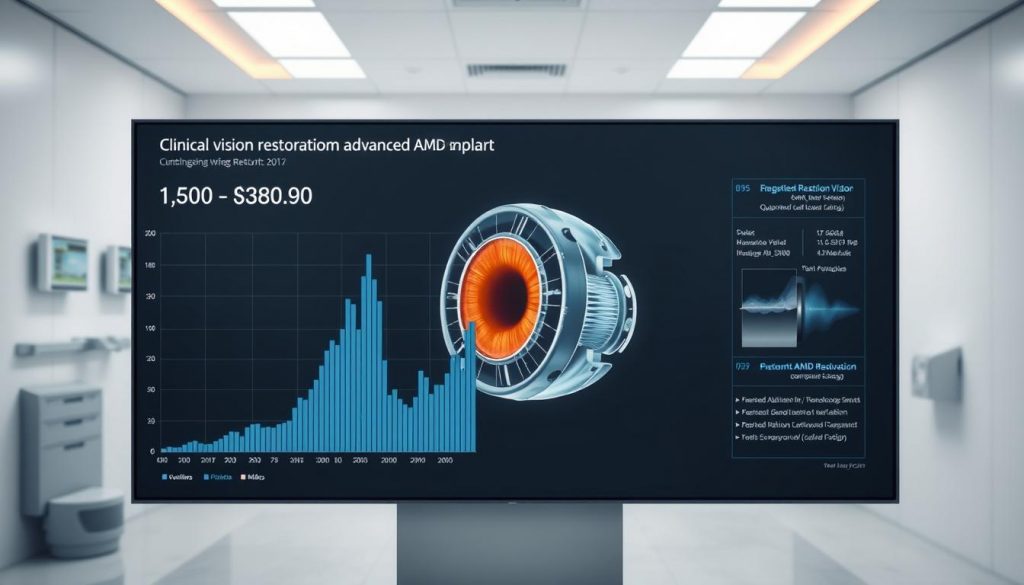 A high-contrast clinical trial results display showing a detailed visual representation of central vision restoration from an advanced AMD implant. The foreground features a crisp graph or chart showcasing quantified data points and statistical analysis. The middle ground depicts a digital 3D rendering of the implant device, highlighting its precise engineering and technical specifications. The background sets a clinical atmosphere with clean white walls, subtle medical equipment, and soft ambient lighting that accentuates the visual clarity of the displayed information. The overall composition conveys a sense of scientific rigor, innovative technology, and the potential for life-changing vision restoration.
