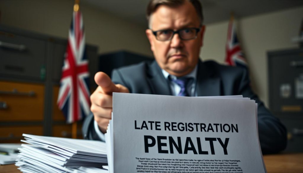 A high-contrast, photorealistic rendering of HMRC penalty charges for late registration. In the foreground, a stack of official-looking documents with a prominent "LATE REGISTRATION PENALTY" heading, cast in a harsh, dramatic light. The middle ground features a stern-faced tax official, gesturing sternly towards the documents. In the blurred background, a moody, muted office setting with filing cabinets and a British flag, creating a sense of bureaucratic gravity. The overall tone is one of apprehension and consequence, with meticulous attention to detail in the textures, shadows, and expressions.