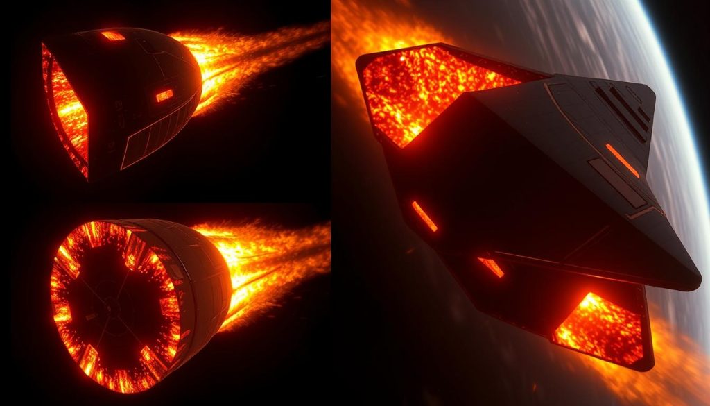 A high-resolution image of the Starship upper stage's heat shield during reentry, captured from multiple angles. The shield is ablating and glowing with intense orange-red plasma, as the spacecraft plummets through the atmosphere at hypersonic speeds. The intricate ceramic tiles and reinforced carbon-carbon panels are visible, withstanding the searing heat. The Starship appears to be navigating a complex flight path, maneuvering to land with precision. The scene is illuminated by the dramatic natural lighting of the reentry, casting dynamic shadows and highlights across the vehicle's bold, angular silhouette against a deep black sky.