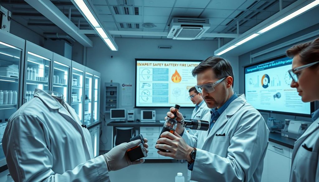 A high-tech laboratory setting with sleek, modern equipment and scientific instruments. In the foreground, a team of researchers in lab coats and safety goggles closely examine a vaping device, analyzing its internal components and design. In the middle ground, shelves and cabinets display various vaping products, each labeled with safety information and guidelines. The background features a large projection screen displaying diagrams, charts, and regulations related to vape battery safety and fire prevention. Bright, even lighting illuminates the scene, creating a sense of clinical precision and attention to detail. The overall atmosphere conveys a serious, investigative tone, emphasizing the importance of rigorous safety measures in the vaping industry.