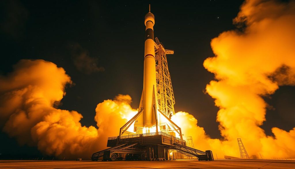 A massive, towering rocket stands firmly on the launch pad, its colossal engines roaring to life in a dramatic static fire test. Billowing plumes of smoke and fire erupt from the base, illuminating the scene with an intense, fiery glow. The booster's sleek, metallic frame is bathed in the warm, golden light, casting long shadows across the pad. In the distance, the night sky is punctuated by twinkling stars, adding to the sense of scale and grandeur. The test is captured from a low, dramatic angle, emphasizing the sheer power and size of the vehicle. The mood is one of awe-inspiring spectacle, as the booster undergoes a critical phase of pre-launch preparation.