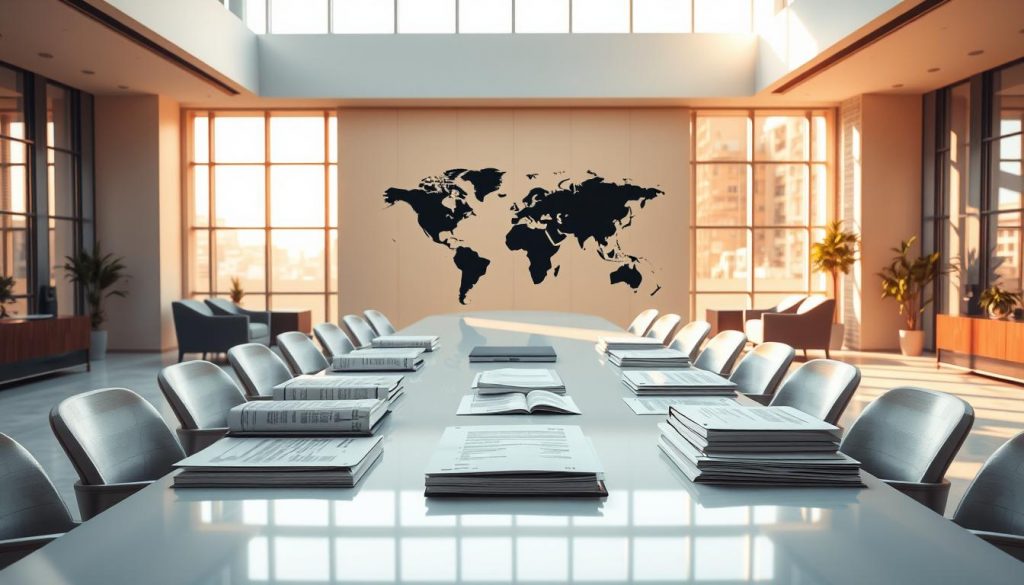 A meticulously designed office space with floor-to-ceiling windows, bathed in warm natural lighting. At the center, a sleek conference table with various documents and reports neatly arranged, symbolizing the transparency of ESG standards. In the background, a stylized world map projects a sense of global accountability. Minimalist, modern furniture and decor create an atmosphere of professionalism and attention to detail. Subtle shadows and reflections add depth and a sense of authority to the scene. The overall composition conveys the importance of comprehensive, high-quality ESG reporting for businesses striving to achieve sustainability and profitability.