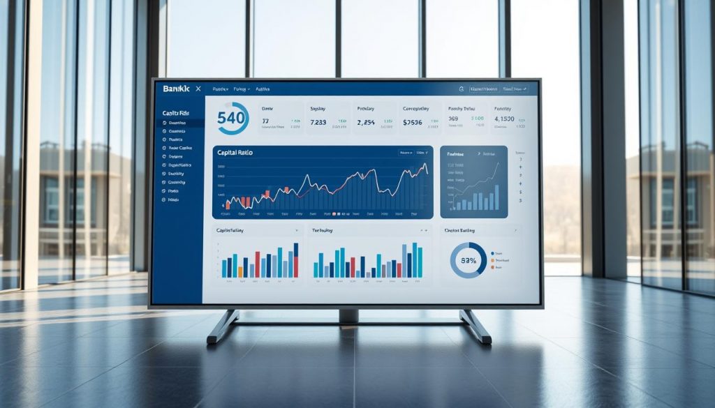 A meticulously detailed 3D rendering of a financial dashboard display, capturing the key performance metrics and ratios for a major banking institution. The dashboard is showcased in a sleek, modern office setting with floor-to-ceiling windows, allowing natural light to illuminate the crisp, data-driven interface. Subtle reflections on the screen's surface and a sophisticated color palette of blues, grays, and metallic accents convey a sense of professionalism and authority. The dashboard prominently features the bank's capital ratio, with dynamic charts and graphs illustrating its financial impact and implications for the organization's stability and growth potential. A meticulously detailed 3D rendering of a financial dashboard display, capturing the key performance metrics and ratios for a major banking institution. The dashboard is showcased in a sleek, modern office setting with floor-to-ceiling windows, allowing natural light to illuminate the crisp, data-driven interface. Subtle reflections on the screen's surface and a sophisticated color palette of blues, grays, and metallic accents convey a sense of professionalism and authority. The dashboard prominently features the bank's capital ratio, with dynamic charts and graphs illustrating its financial impact and implications for the organization's stability and growth potential.