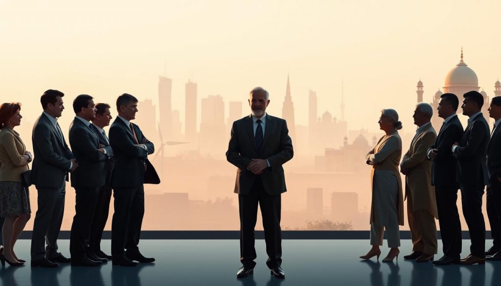 A panoramic landscape depicting the economic ties between the UK and India. In the foreground, a handshake between British and Indian business leaders, symbolizing burgeoning trade opportunities. The middle ground showcases emerging sectors like renewable energy, pharmaceuticals, and technology, with silhouettes of skyscrapers and research facilities. In the background, a hazy skyline featuring the iconic landmarks of London and New Delhi, bathed in warm, golden light. The scene conveys a sense of optimism and growth, hinting at the vast potential for collaboration and shared prosperity between the two nations.