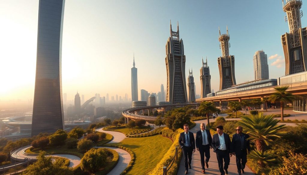 A panoramic view of a futuristic city skyline, bathed in the warm glow of a setting sun. In the foreground, a gleaming glass and steel tower dominates the landscape, its sleek architecture a testament to the city's thriving AI-driven tech sector. Winding pathways lead through lush, verdant gardens, where professionals in crisp business attire stride purposefully, engaged in animated discussions. In the middle ground, a network of elevated train lines and automated transport systems connect the tower to smaller satellite buildings, each housing specialized AI research labs and innovation hubs. The background reveals a horizon studded with more towers, their facades adorned with intricate lattices of sensors and antennas, reflecting the city's role as a global hub for AI architecture and engineering.