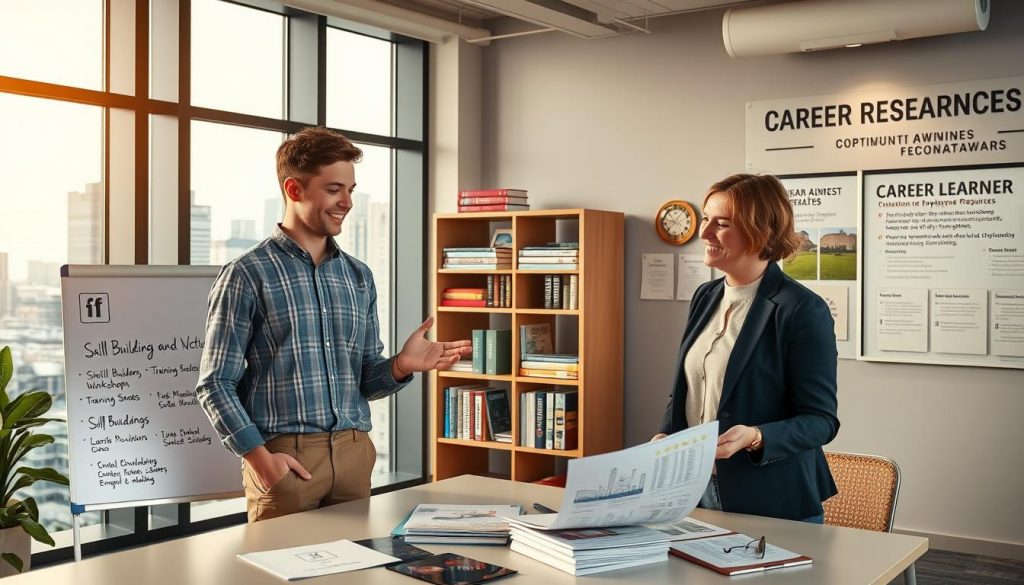 A professional, well-lit office setting with floor-to-ceiling windows overlooking a bustling city skyline. In the foreground, a young employee stands at a desk, gesturing enthusiastically as they review career development materials with a smiling mentor. The middle ground features a whiteboard displaying skill-building workshops and training programs. In the background, a bookshelf showcases diverse learning resources, while a wall display highlights employee accomplishments and recognition awards, conveying a culture of growth and continuous learning. The lighting is warm and inviting, creating a sense of opportunity and optimism.